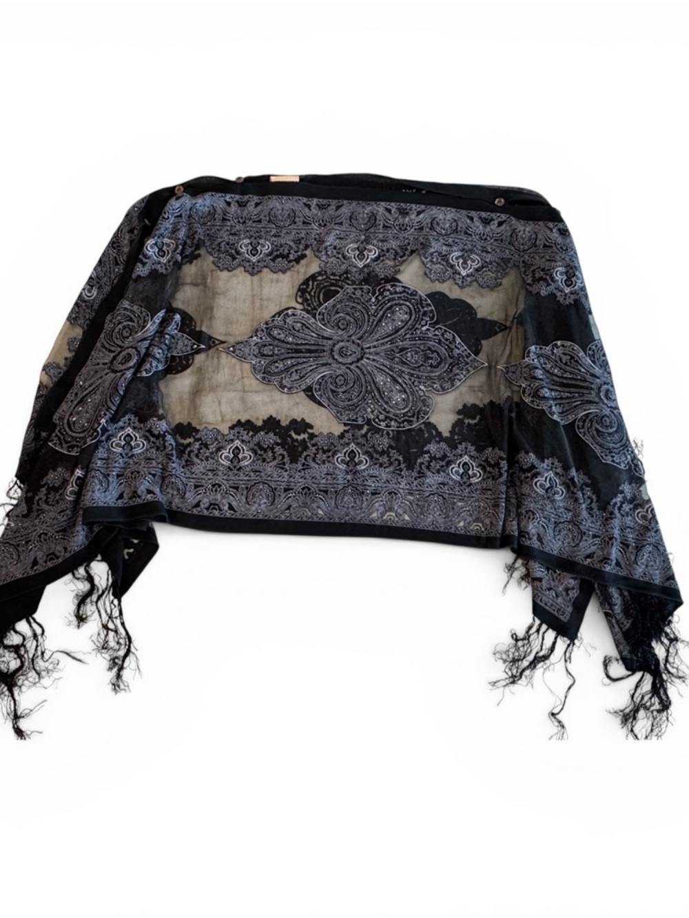 Black & Gray Paisley Fringe Poncho Shawl Elegant Women's Accessory